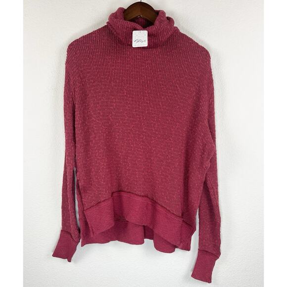 Free People We The Free Waffle Knit Turtleneck Sweater Side Slit Muted Red XS - Picture 3 of 12
